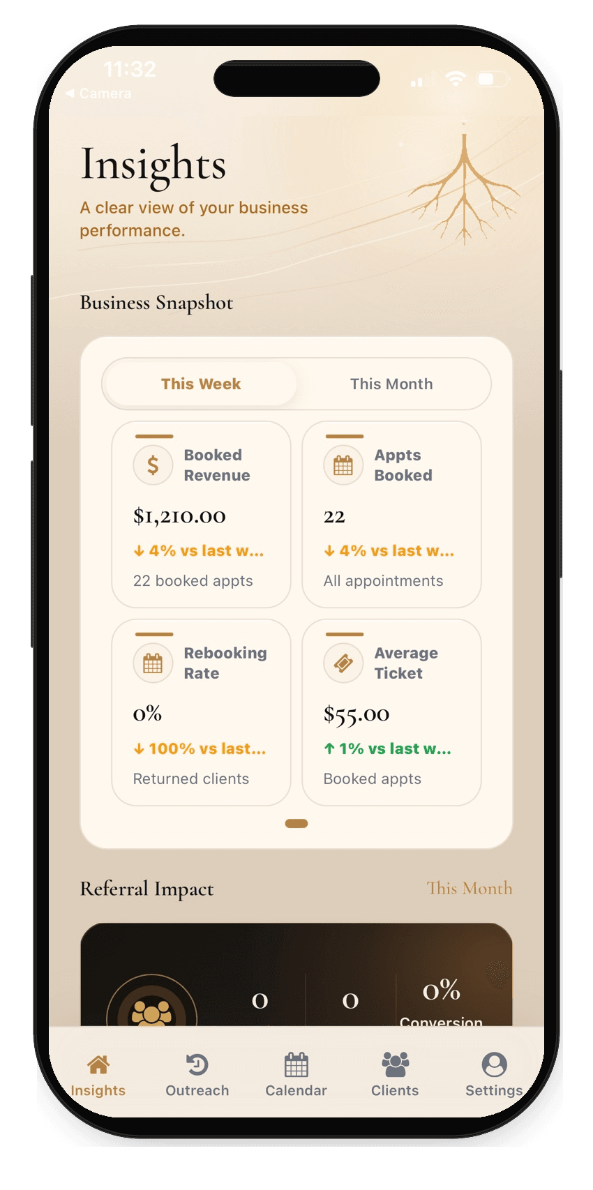 Root & Foil dashboard screen showing business snapshot and revenue insights