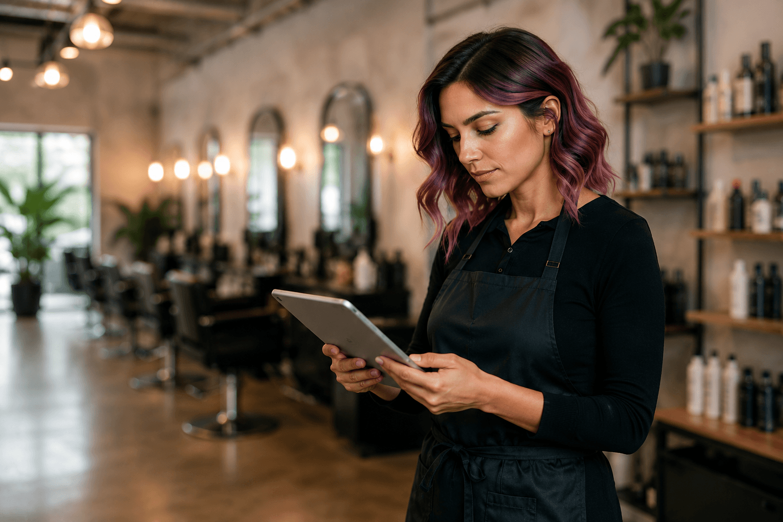 Female stylist using a tablet in a salon